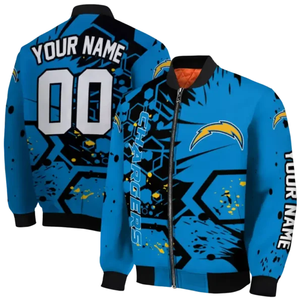 personalized los angeles chargers hexagon cluster blue black bomber jacket fashion forward