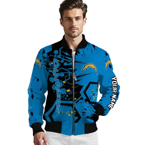 personalized los angeles chargers hexagon cluster blue black bomber jacket high quality