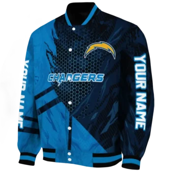 personalized los angeles chargers hexagon mesh blue black varsity jacket best selling