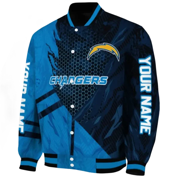 personalized los angeles chargers hexagon mesh blue black varsity jacket best selling