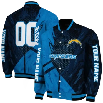 personalized los angeles chargers hexagon mesh blue black varsity jacket fashion forward