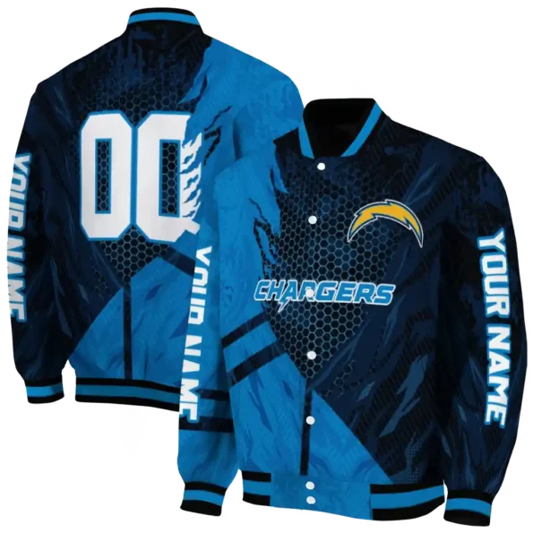 personalized los angeles chargers hexagon mesh blue black varsity jacket fashion forward