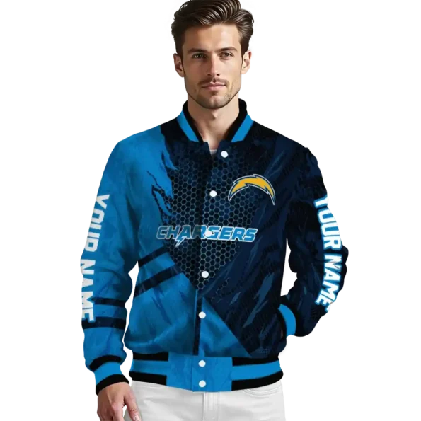 personalized los angeles chargers hexagon mesh blue black varsity jacket high quality