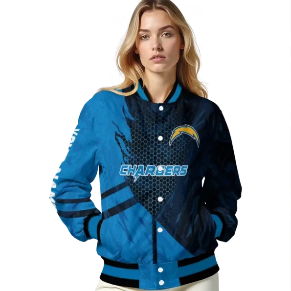 personalized los angeles chargers hexagon mesh blue black varsity jacket latest model