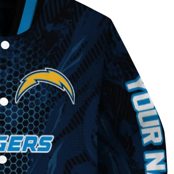 personalized los angeles chargers hexagon mesh blue black varsity jacket premium grade