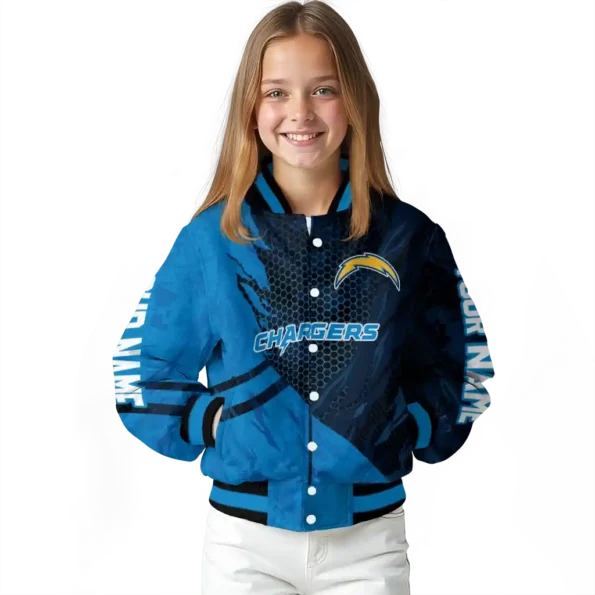 personalized los angeles chargers hexagon mesh blue black varsity jacket top rated