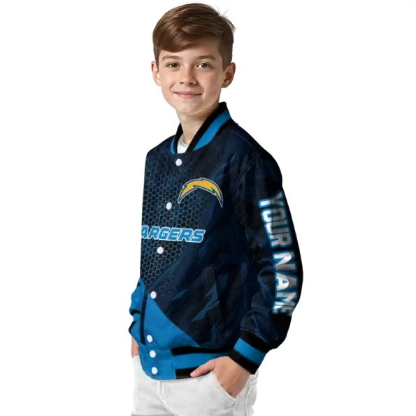 personalized los angeles chargers hexagon mesh blue black varsity jacket trendy