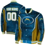 personalized los angeles chargers power plate blue varsity jacket best selling