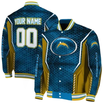 personalized los angeles chargers power plate blue varsity jacket fashion forward