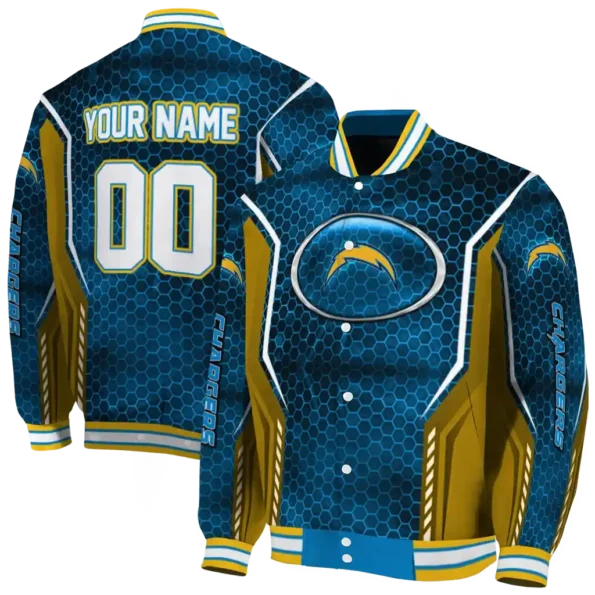 personalized los angeles chargers power plate blue varsity jacket fashion forward