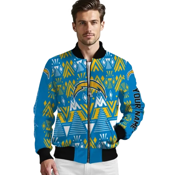 personalized los angeles chargers pyramid shapes blue bomber jacket high quality