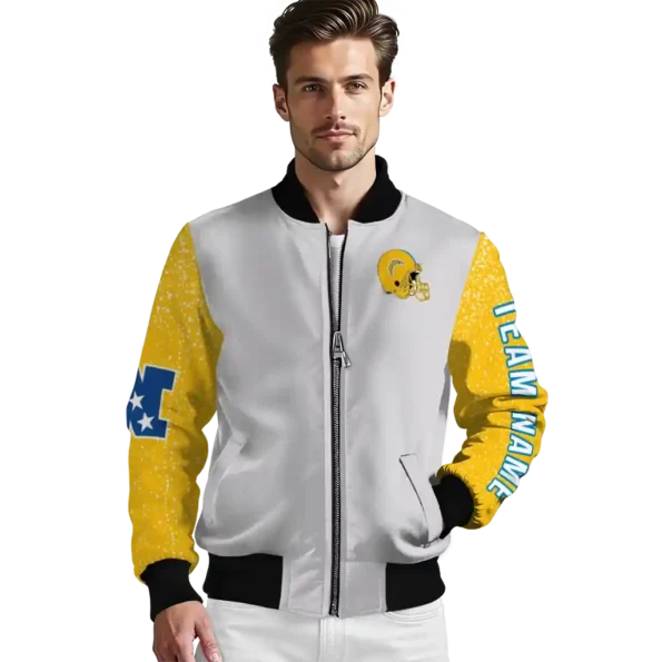 personalized los angeles chargers speckled arms blue gray bomber jacket high quality