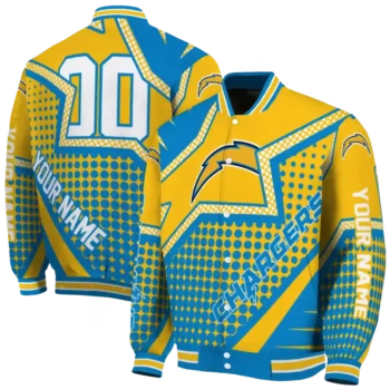 personalized los angeles chargers star burst blue varsity jacket fashion forward