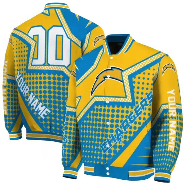 personalized los angeles chargers star burst blue varsity jacket fashion forward