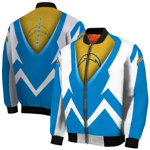 personalized los angeles chargers v stripes blue white bomber jacket fashion forward