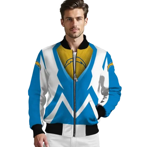 personalized los angeles chargers v stripes blue white bomber jacket high quality