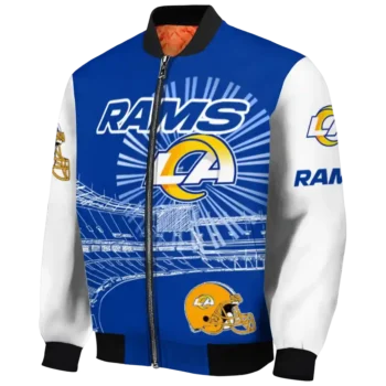 personalized los angeles rams ferris arena blue white bomber jacket best selling
