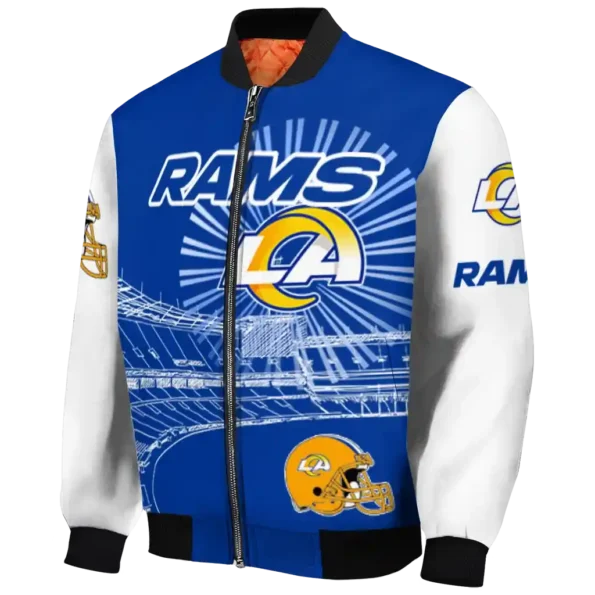 personalized los angeles rams ferris arena blue white bomber jacket best selling
