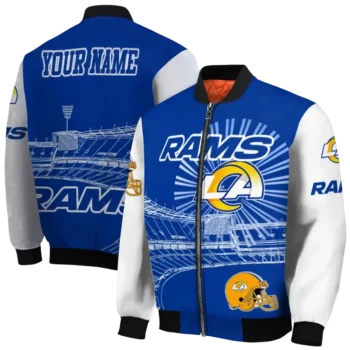 personalized los angeles rams ferris arena blue white bomber jacket fashion forward