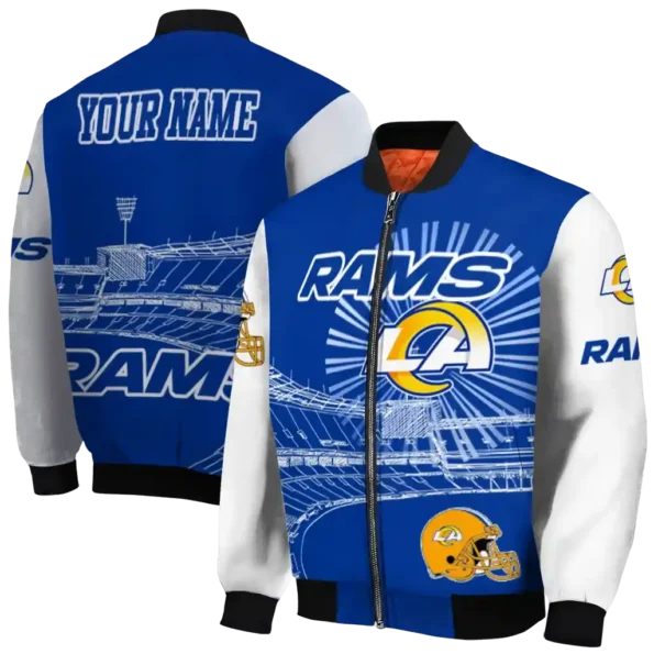 personalized los angeles rams ferris arena blue white bomber jacket fashion forward