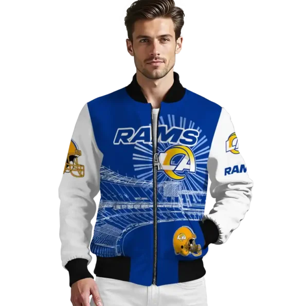 personalized los angeles rams ferris arena blue white bomber jacket high quality