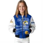 personalized los angeles rams ferris arena blue white bomber jacket best selling