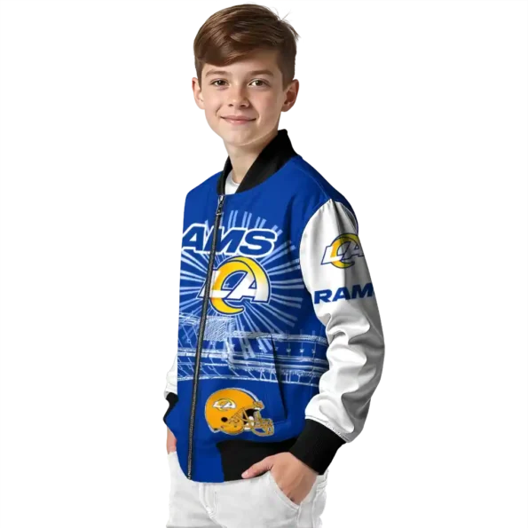 personalized los angeles rams ferris arena blue white bomber jacket trendy