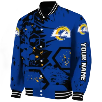 personalized los angeles rams hexagon cluster blue black varsity jacket best selling