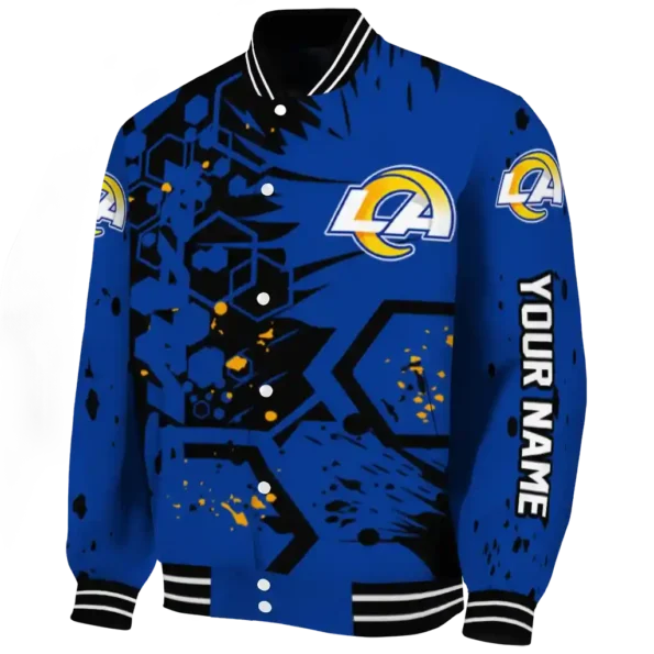 personalized los angeles rams hexagon cluster blue black varsity jacket best selling