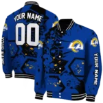 personalized los angeles rams hexagon cluster blue black varsity jacket best selling