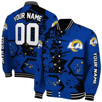 personalized los angeles rams hexagon cluster blue black varsity jacket fashion forward