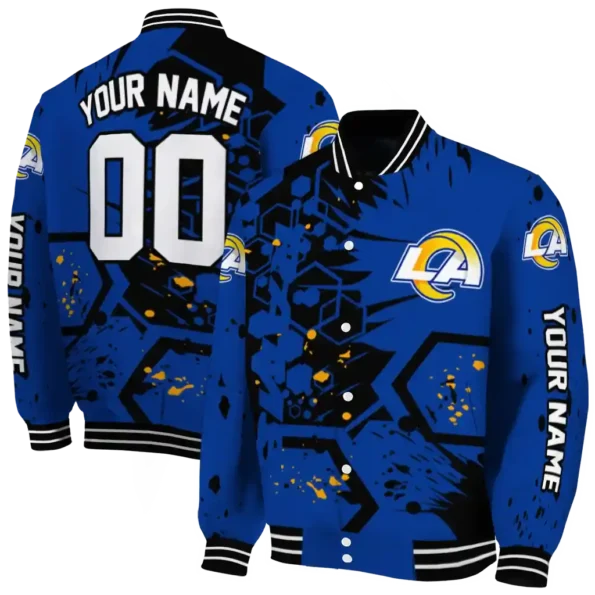 personalized los angeles rams hexagon cluster blue black varsity jacket fashion forward