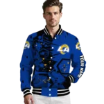 personalized los angeles rams hexagon cluster blue black varsity jacket best selling