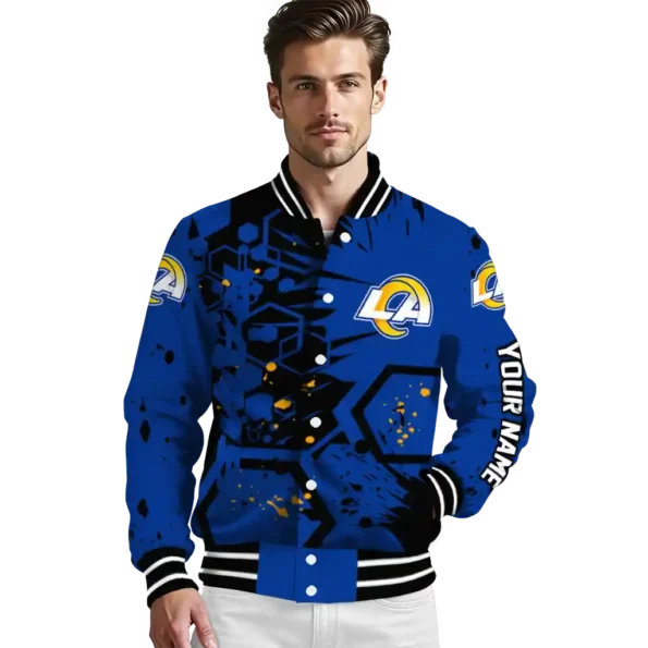 personalized los angeles rams hexagon cluster blue black varsity jacket high quality