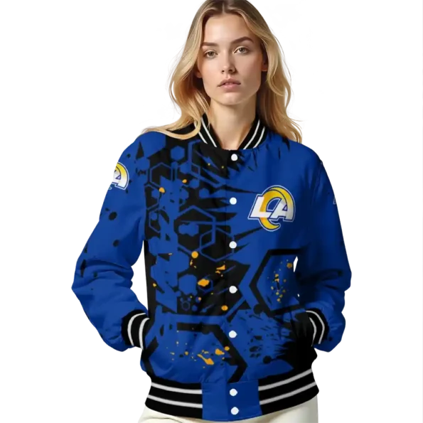 personalized los angeles rams hexagon cluster blue black varsity jacket latest model