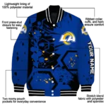 personalized los angeles rams hexagon cluster blue black varsity jacket best selling