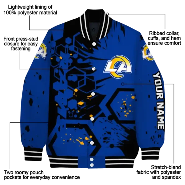 personalized los angeles rams hexagon cluster blue black varsity jacket new arrival