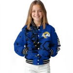 personalized los angeles rams hexagon cluster blue black varsity jacket best selling