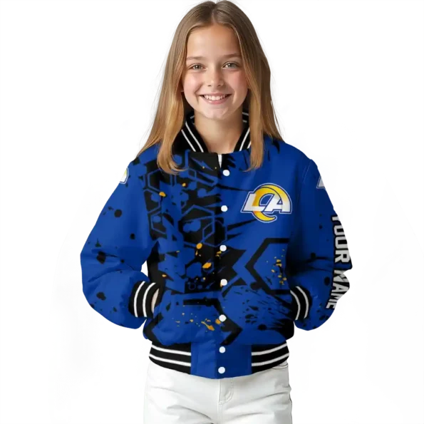 personalized los angeles rams hexagon cluster blue black varsity jacket top rated