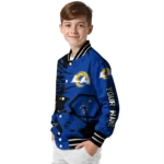 personalized los angeles rams hexagon cluster blue black varsity jacket best selling