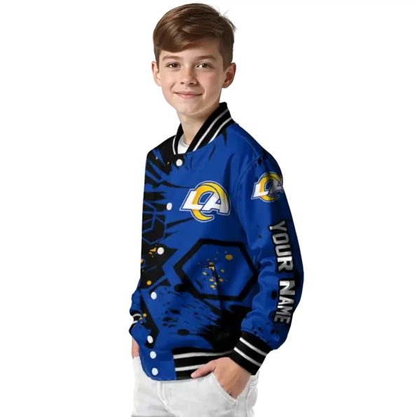 personalized los angeles rams hexagon cluster blue black varsity jacket trendy