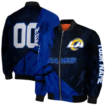 personalized los angeles rams hexagon mesh blue black bomber jacket fashion forward