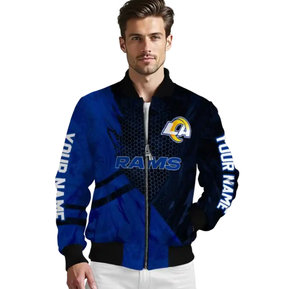 personalized los angeles rams hexagon mesh blue black bomber jacket high quality