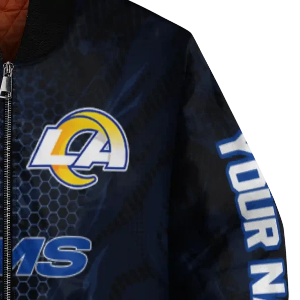 personalized los angeles rams hexagon mesh blue black bomber jacket premium grade