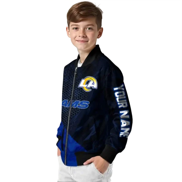 personalized los angeles rams hexagon mesh blue black bomber jacket trendy