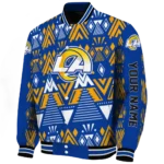 personalized los angeles rams pyramid shapes blue varsity jacket best selling