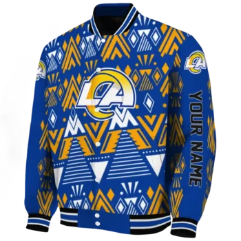 personalized los angeles rams pyramid shapes blue varsity jacket best selling