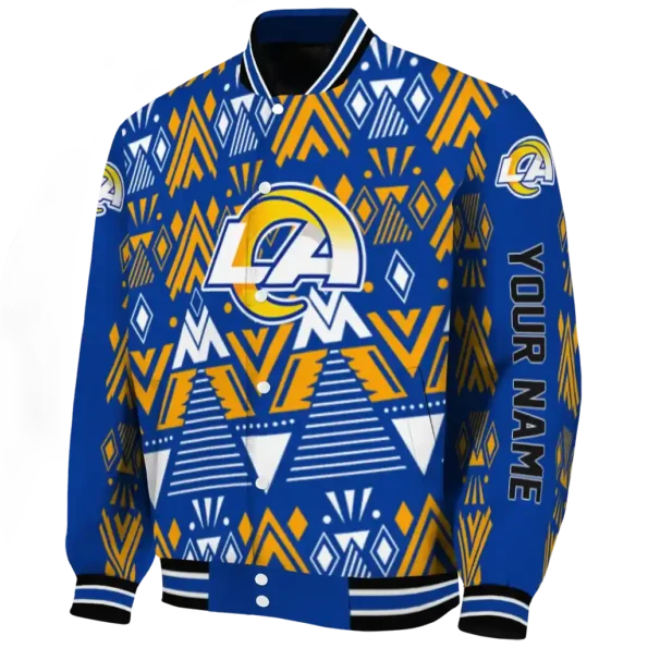 personalized los angeles rams pyramid shapes blue varsity jacket best selling
