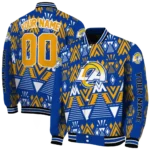 personalized los angeles rams pyramid shapes blue varsity jacket best selling