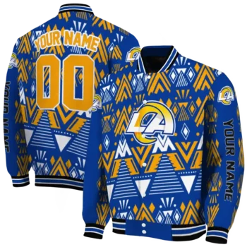 personalized los angeles rams pyramid shapes blue varsity jacket fashion forward